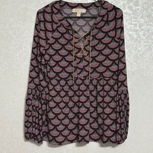 Michael Kors Blouse Top Puff Long Sleeve Gold Chain Scale Print Animal Pattern S